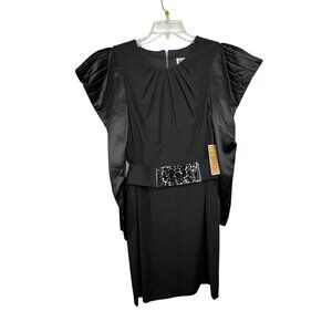 Nue By Shani Black Shaping Midi Dress With Satin Sleeves & Belt US 14